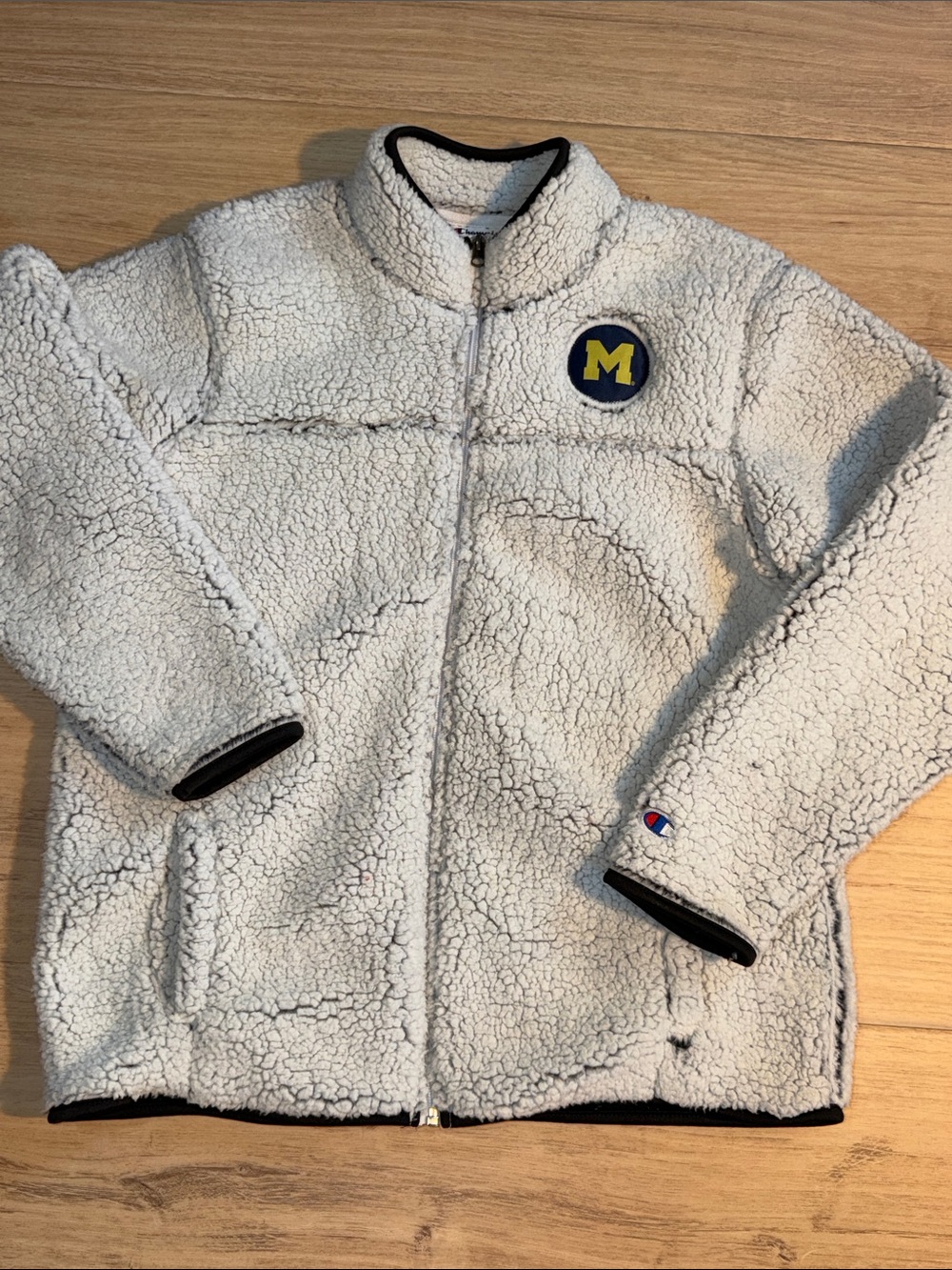 Champion sherpa full zip sweatshirt Jacket with Navy & Yellow Michigan patch
